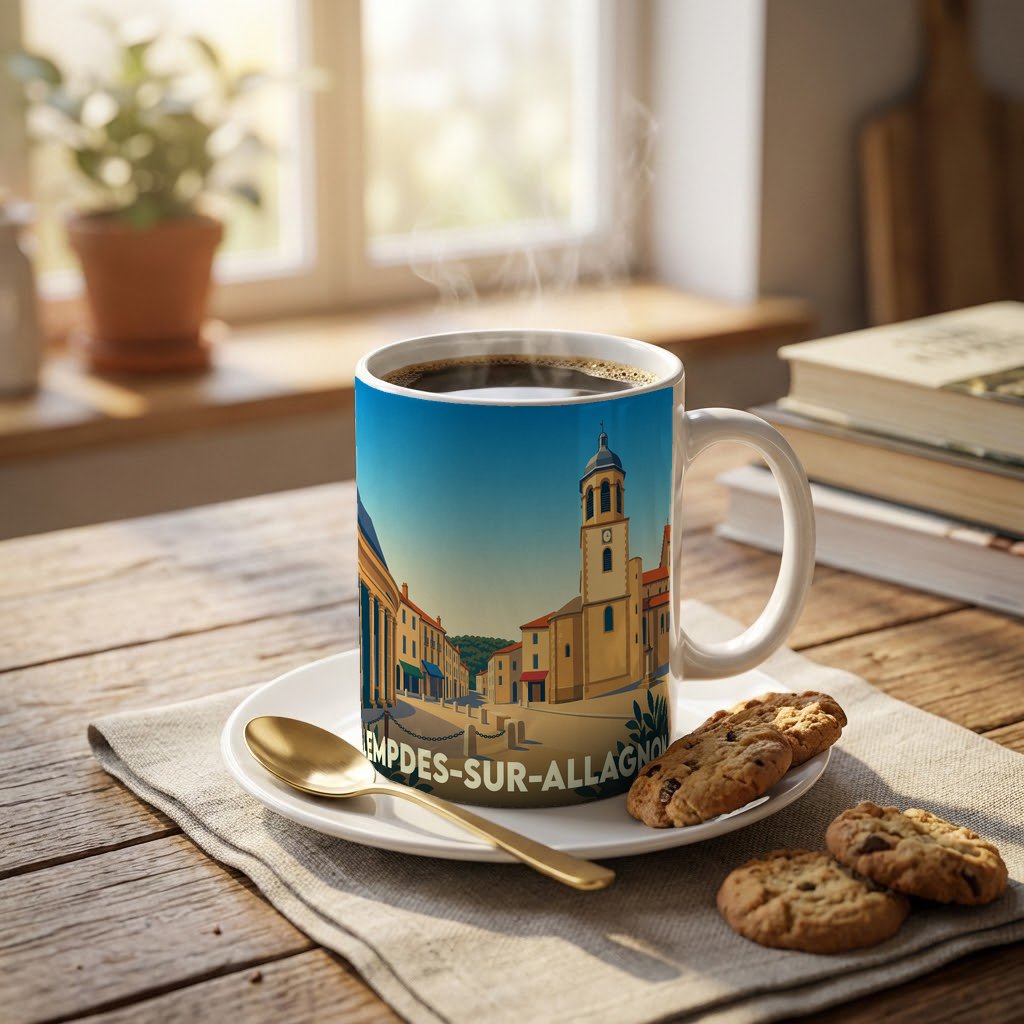 Mug souvenir de la ville de Lempdes-sur-Allagnon avec une illustration stylisée et colorée.