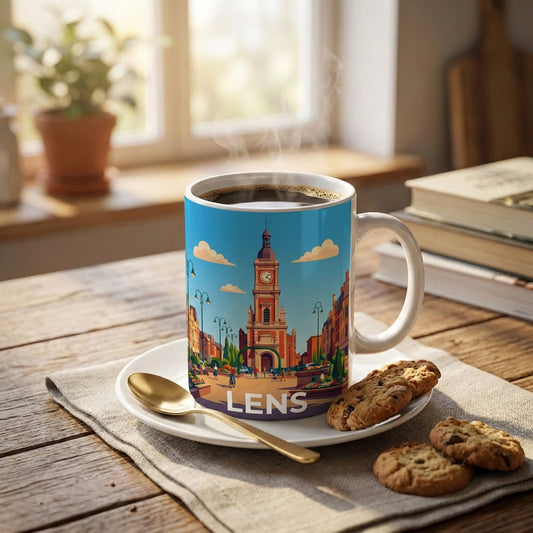 Mug souvenir de la ville de Lens avec une illustration stylisée de son centre-ville et de son beffroi.