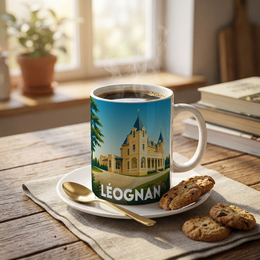Mug souvenir de la ville de Léognan illustré par un château majestueux sous un ciel bleu.