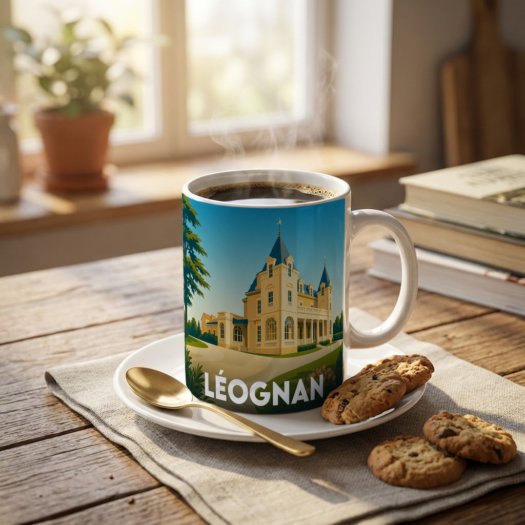 Mug souvenir de la ville de Léognan illustré par un château majestueux sous un ciel bleu.