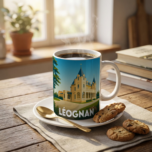 Mug souvenir de la ville de Léognan illustré par un château majestueux sous un ciel bleu.