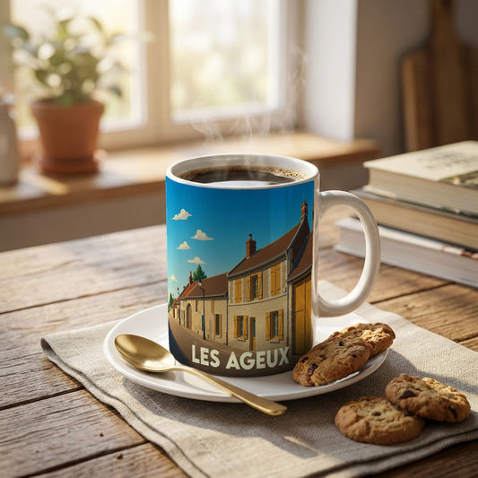 Mug souvenir de la ville de Les Ageux avec une illustration stylisée d'une rue pittoresque.