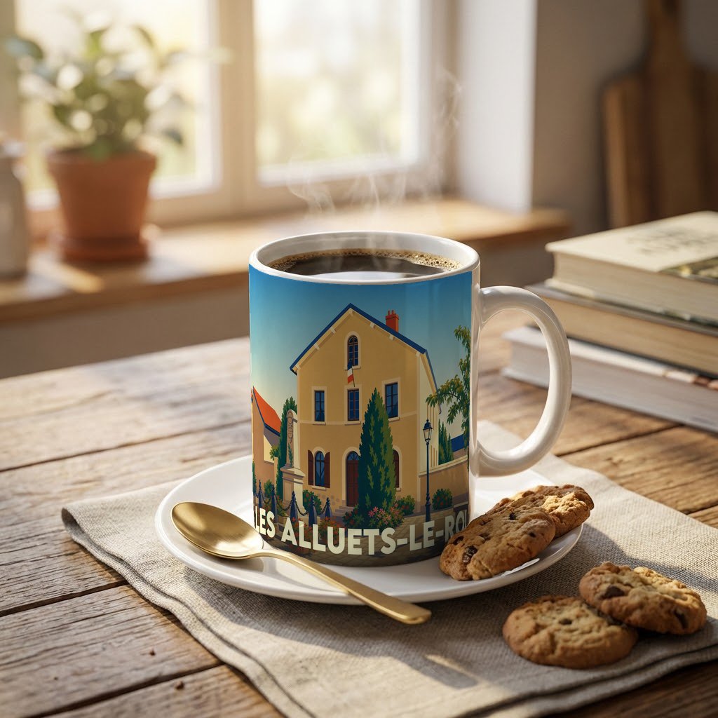 Mug souvenir de la ville de Les Alluets-le-Roi avec une illustration stylisée d'un bâtiment typique.
