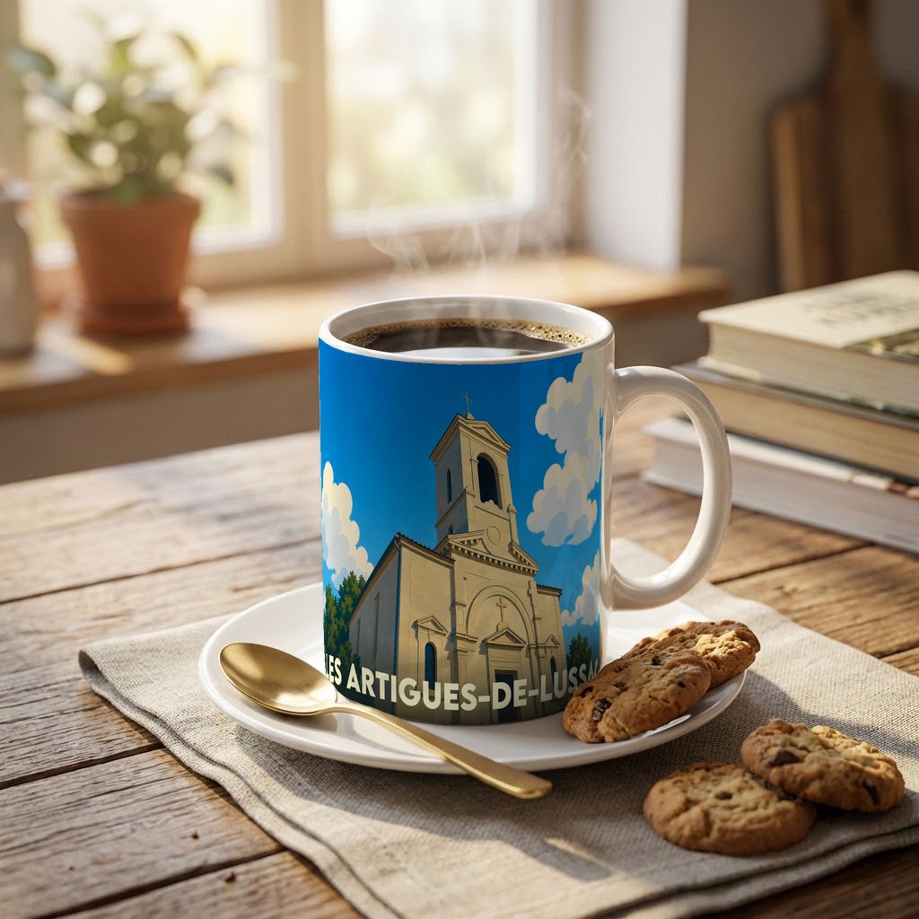Mug souvenir de la ville de Les Artigues-de-Lussac avec une illustration stylisée de son église.