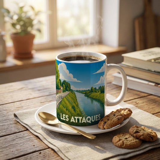 Mug souvenir de la ville de Les Attaques avec une illustration stylisée d'un canal.