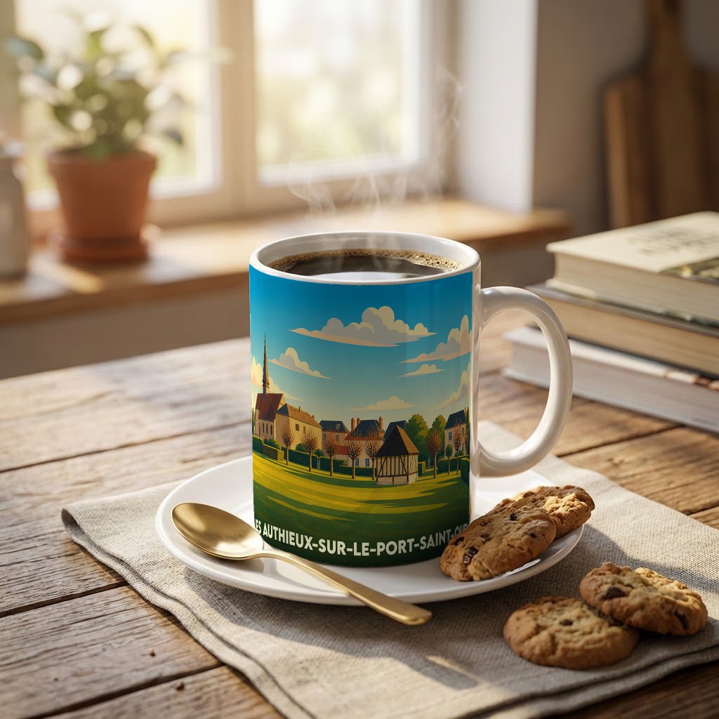 Mug souvenir de la ville de Les Authieux-sur-le-Port-Saint-Ouen avec une illustration stylisée de son paysage urbain.