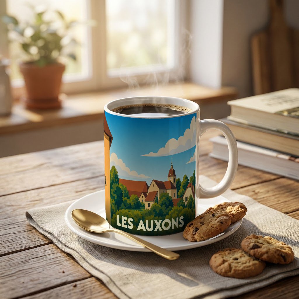 Mug souvenir de la ville de Les Auxons orné d'une illustration stylisée du village.