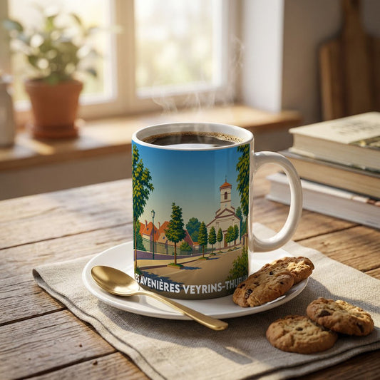 Mug souvenir de la ville de Les Avenières Veyrins-Thuellin avec une illustration stylisée.