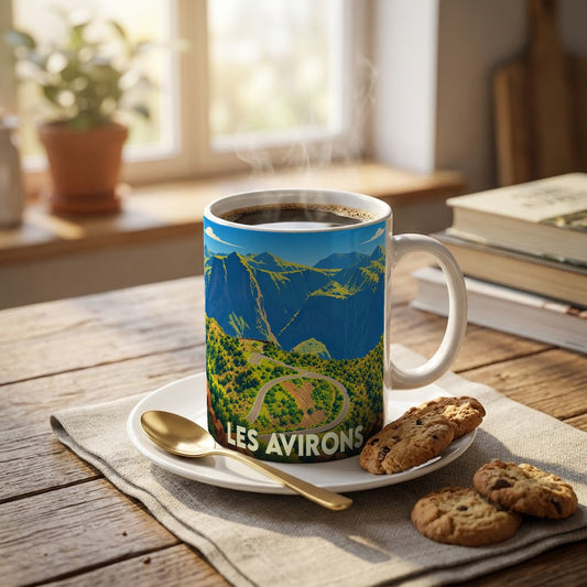 Mug souvenir de la ville de Les Avirons illustré d'un paysage de montagne verdoyant.