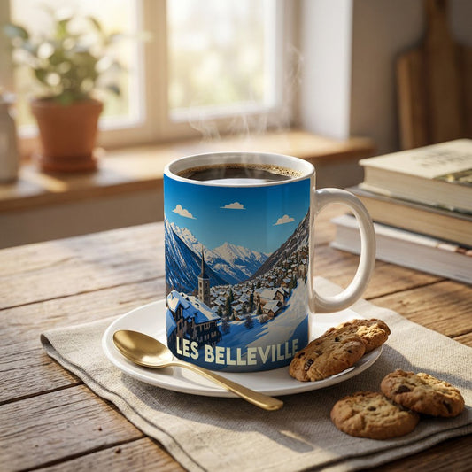 Mug souvenir de la ville de Les Belleville avec une illustration stylisée de paysage montagneux enneigé.