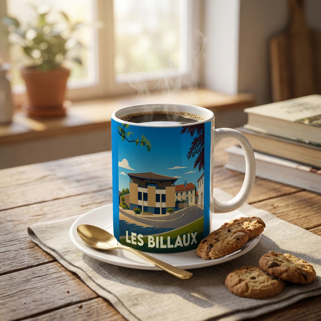 Mug souvenir de la ville de Les Billaux avec une illustration stylisée et colorée.