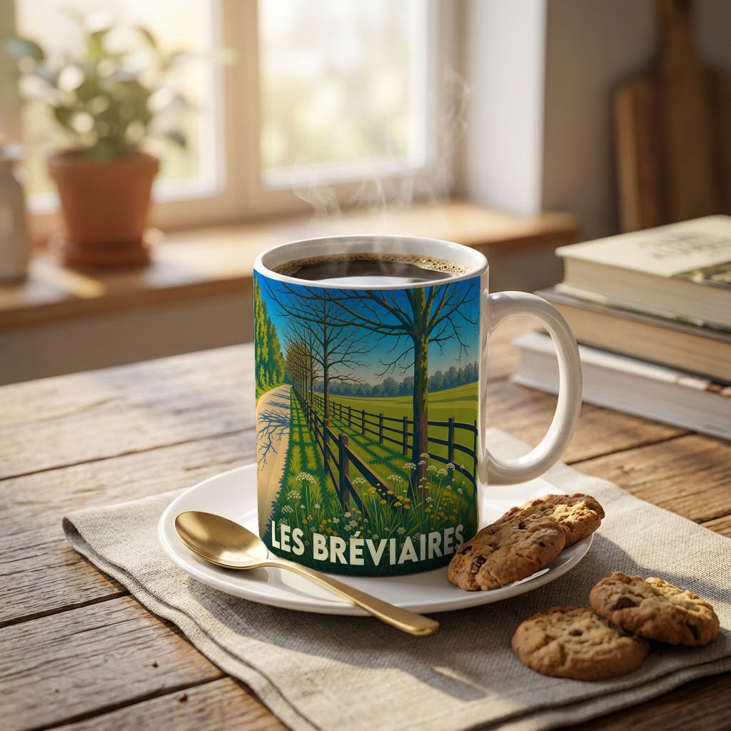 Mug souvenir de la ville de Les Bréviaires orné d'une illustration paysagère stylisée.