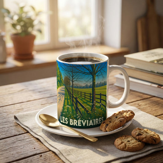 Mug souvenir de la ville de Les Bréviaires orné d'une illustration paysagère stylisée.