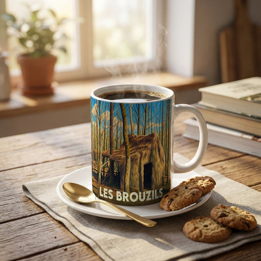 Mug souvenir de la ville de Les Brouzils orné d'une illustration stylisée d'une cabane en forêt.