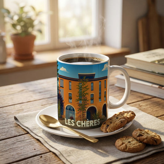 Mug souvenir de la commune de Les Chères avec une illustration stylisée d'un bâtiment coloré.
