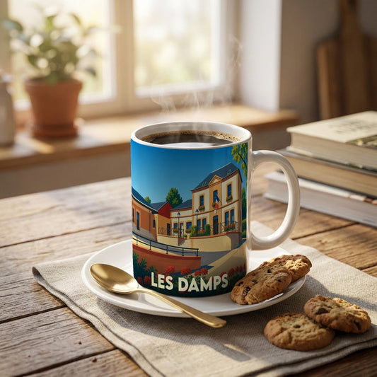 Mug souvenir de la ville de Les Damps avec une illustration colorée et stylisée de son architecture.