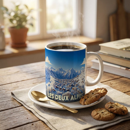 Mug souvenir de la station Les Deux Alpes orné d'une illustration hivernale stylisée.