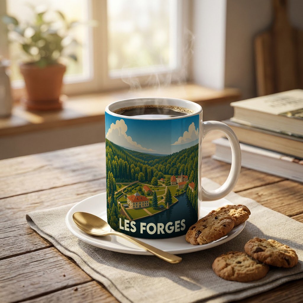 Mug souvenir de la ville de Les Forges avec une illustration stylisée d'un paysage de campagne.