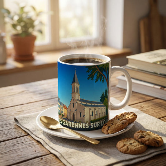 Mug souvenir de la commune Les Garennes sur Loire avec une illustration stylisée de son église.
