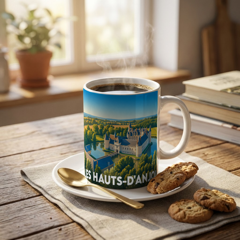 Mug souvenir de la ville de Les Hauts-d'Anjou orné d'une illustration stylisée de son patrimoine architectural.