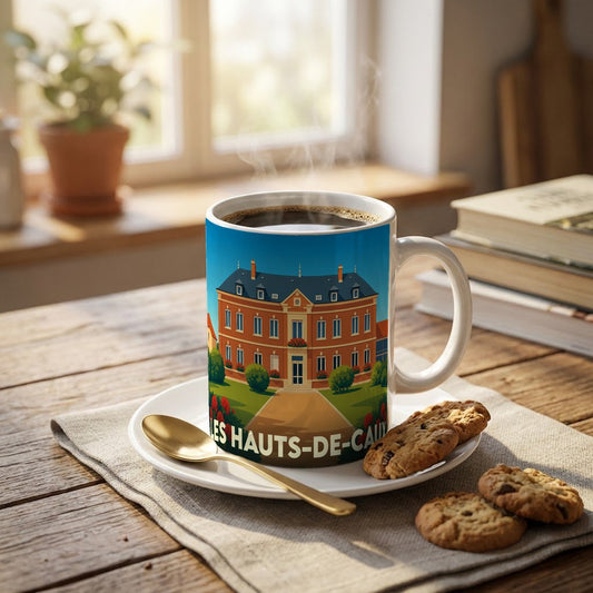 Mug souvenir de la ville de Les Hauts-de-Caux orné d'une illustration stylisée de manoir.