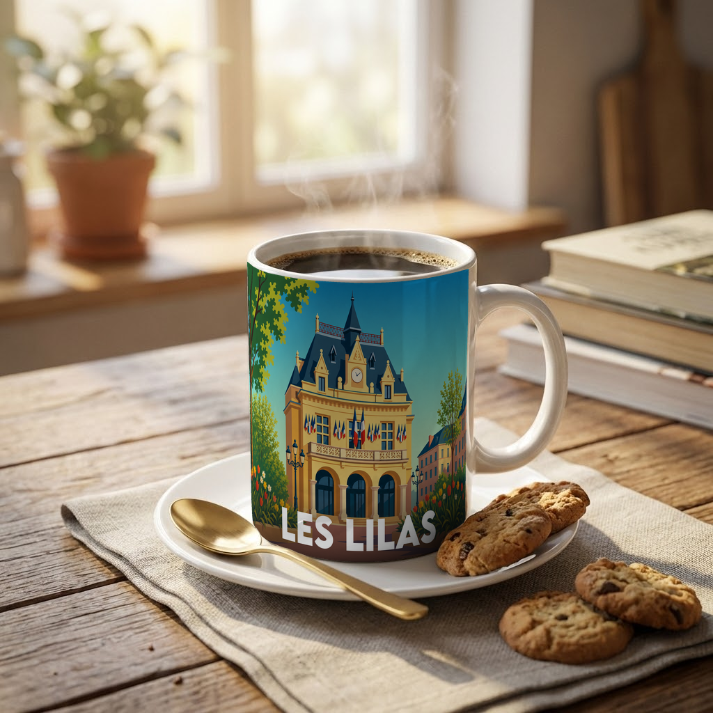 Mug souvenir de la ville de Les Lilas avec une illustration stylisée de l'hôtel de ville.