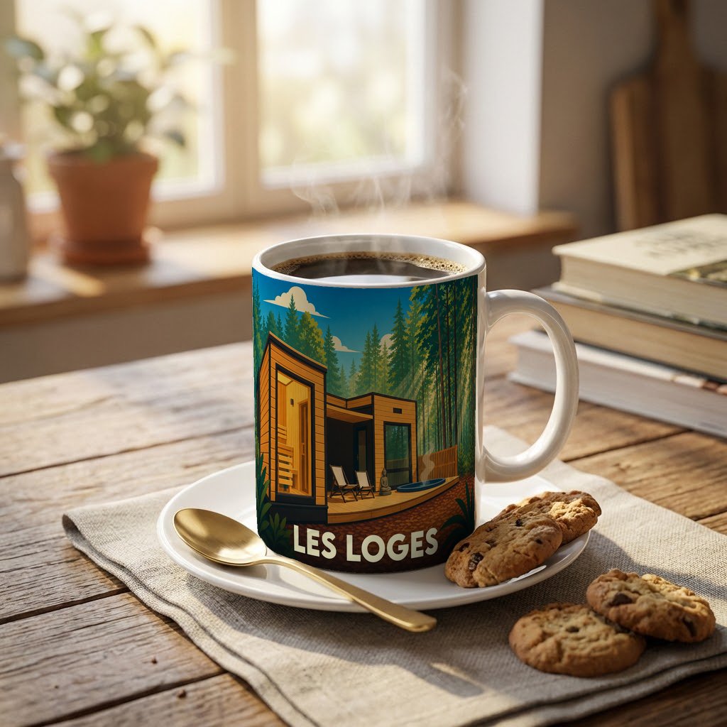 Mug souvenir de la ville de Les Loges illustré d'une scène de cabane forestière paisible.