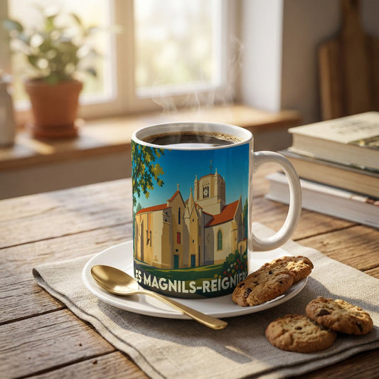 Mug souvenir de la ville de Les Magnils-Reigniers avec une illustration stylisée de son église.