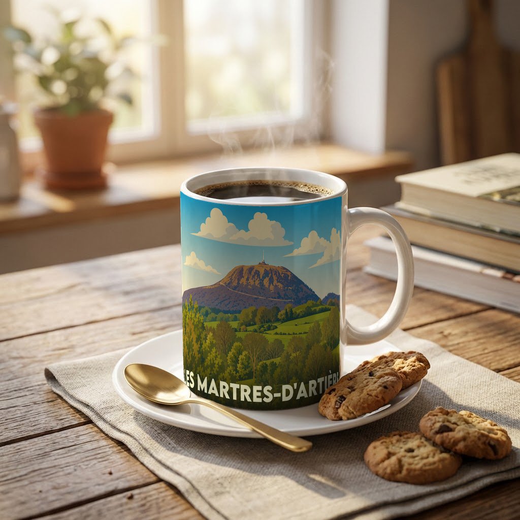 Mug souvenir de la ville de Les Martres-d'Artière avec une illustration stylisée d'un paysage de montagne.