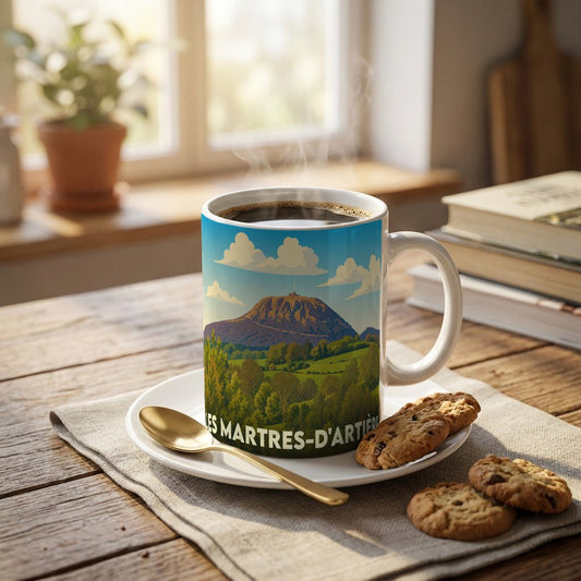 Mug souvenir de la ville de Les Martres-d'Artière avec une illustration stylisée d'un paysage de montagne.