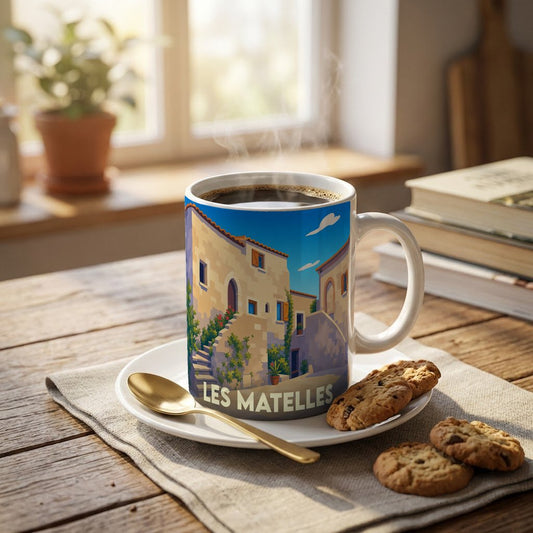 Mug souvenir de la ville de Les Matelles avec une illustration stylisée d'un village médiéval.