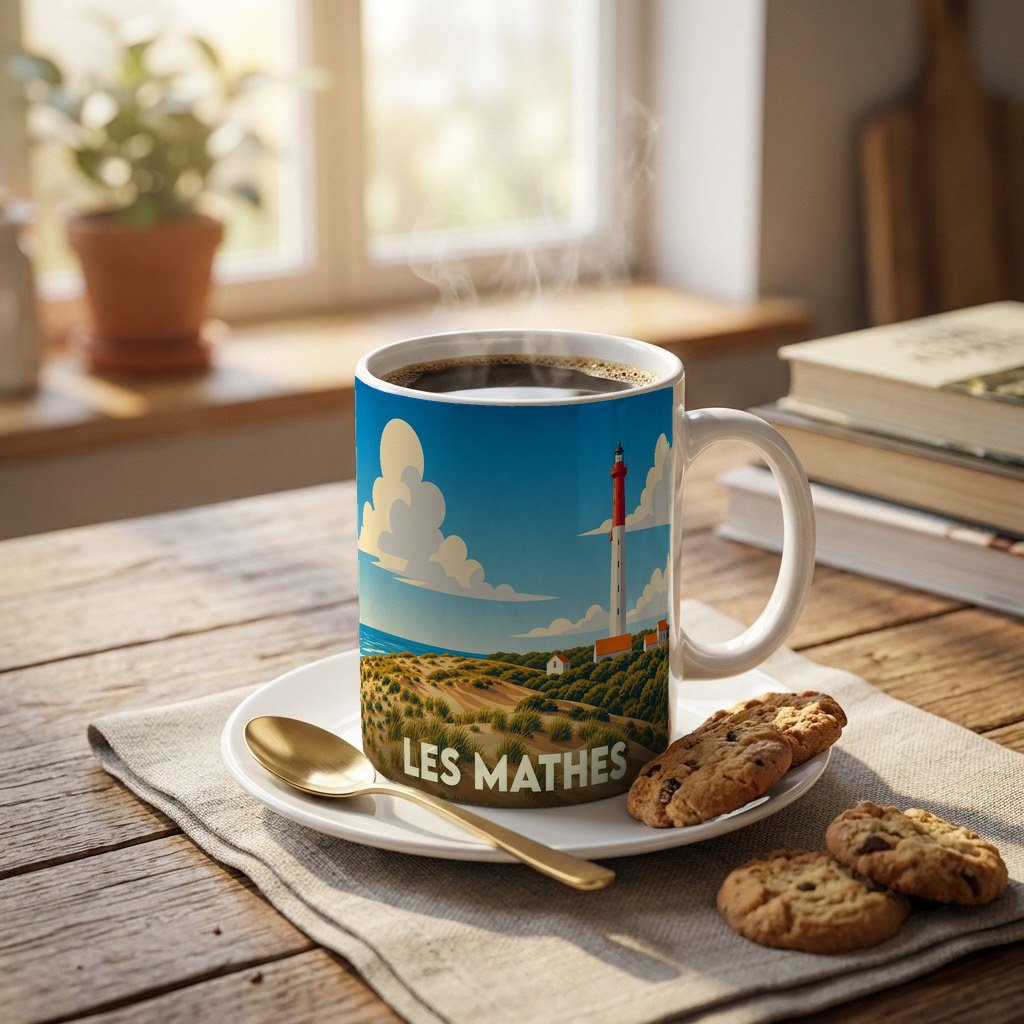 Mug souvenir de la ville de Les Mathes avec une illustration stylisée de son phare et de ses dunes.