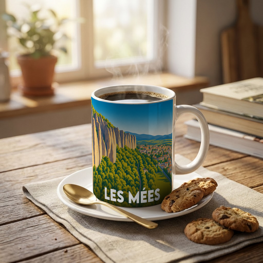 Mug souvenir de la ville de Les Mées avec une illustration stylisée de ses célèbres falaises.