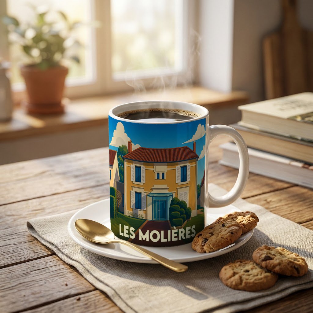 Mug souvenir de la ville de Les Molières avec une illustration stylisée d'une maison de ville.