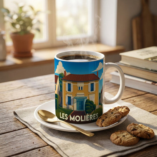 Mug souvenir de la ville de Les Molières avec une illustration stylisée d'une maison de ville.