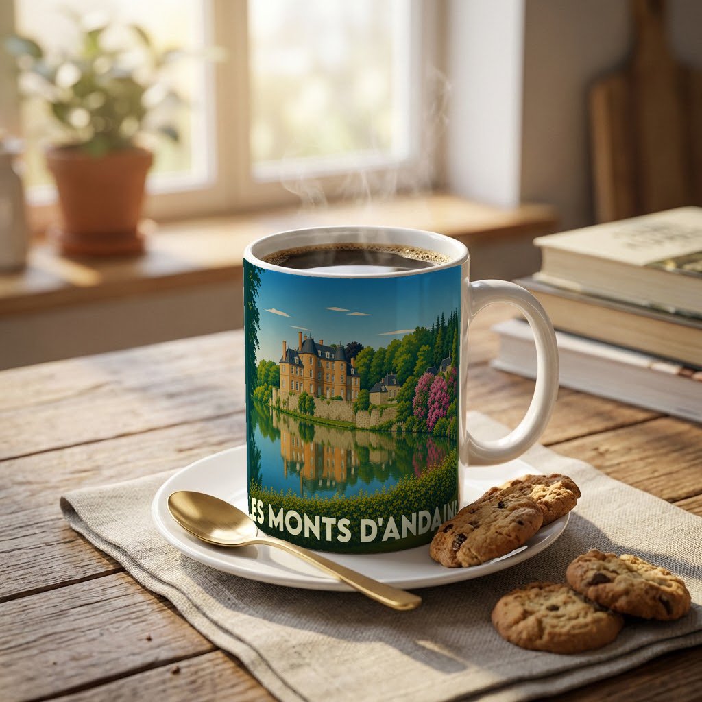 Mug souvenir de la commune de Les Monts d'Andaine avec une illustration stylisée de son patrimoine au bord de l'eau.