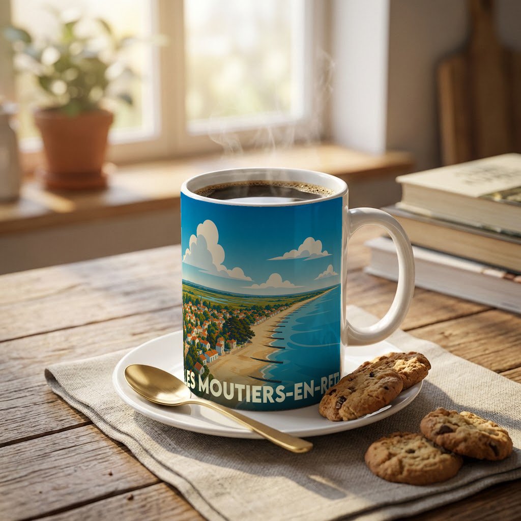 Mug souvenir de la ville de Les Moutiers-en-Retz avec une illustration côtière stylisée.