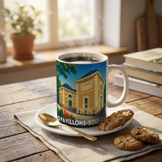 Mug souvenir de la ville de Les Pavillons-sous-Bois avec une illustration stylisée.