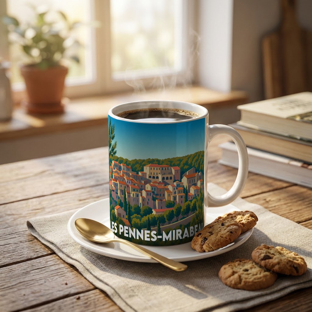 Mug souvenir de la ville de Les Pennes-Mirabeau avec une illustration stylisée du village.