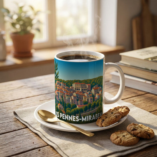 Mug souvenir de la ville de Les Pennes-Mirabeau avec une illustration stylisée du village.