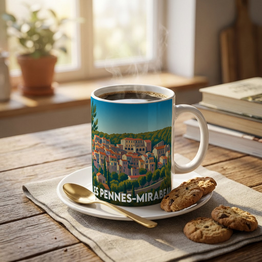 Mug souvenir de la ville de Les Pennes-Mirabeau avec une illustration stylisée du village.
