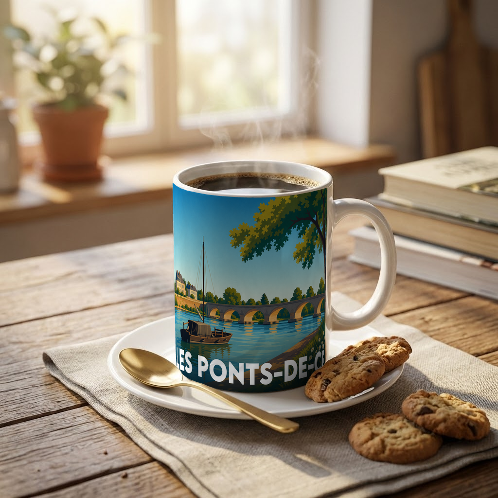 Mug souvenir de la ville de Les Ponts-de-Cé avec une illustration stylisée.