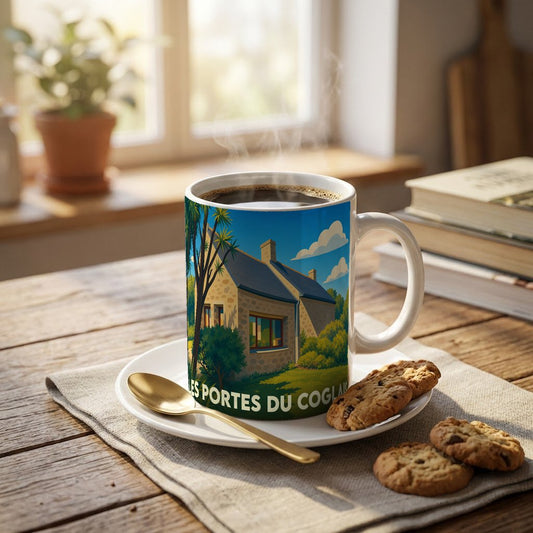 Mug souvenir de la ville de Les Portes du Coglais avec une illustration stylisée d'une maison traditionnelle.