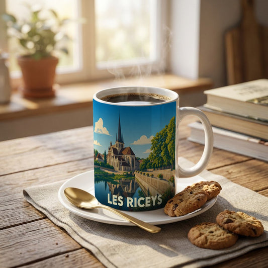 Mug souvenir de la ville de Les Riceys avec une illustration stylisée d'une église au bord de l'eau.