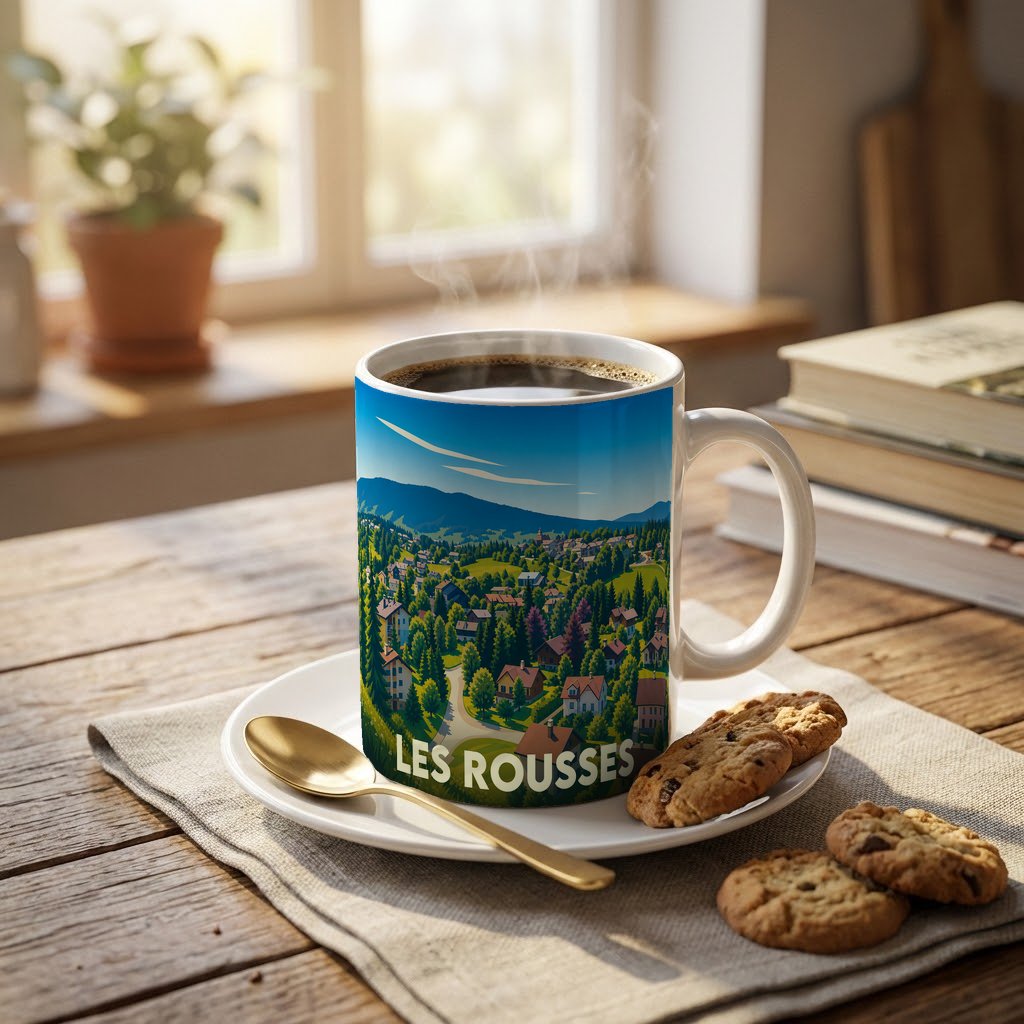 Mug souvenir de la station des Rousses orné d'une illustration paysagère stylisée.