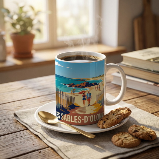 Mug souvenir de la ville des Sables-d'Olonne avec une illustration stylisée de sa plage.