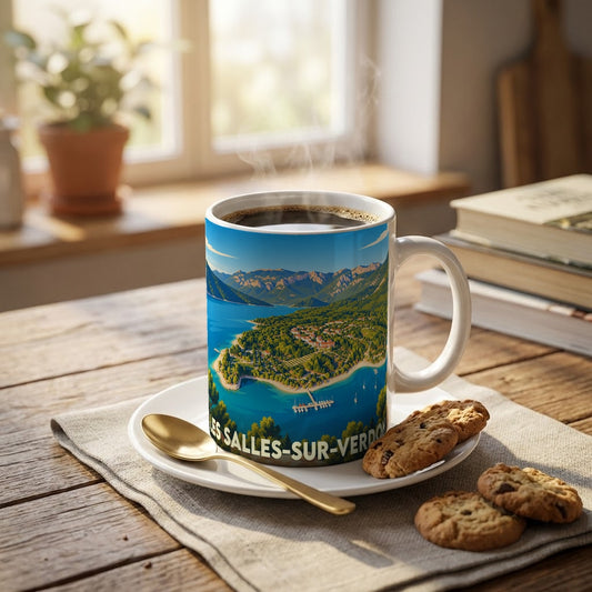 Mug souvenir de la ville de Les Salles-sur-Verdon avec une illustration stylisée du lac de Sainte-Croix.