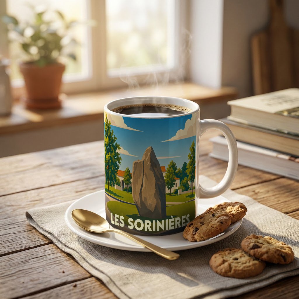 Mug souvenir de la ville de Les Sorinières orné d'une illustration stylisée représentant un menhir dans un parc verdoyant.