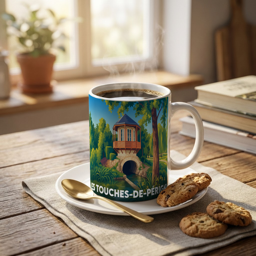 Mug souvenir de la ville de Les Touches-de-Périgny avec une illustration stylisée.
