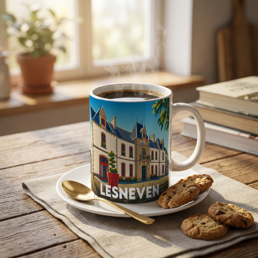 Mug souvenir de la ville de Lesneven avec une illustration stylisée.